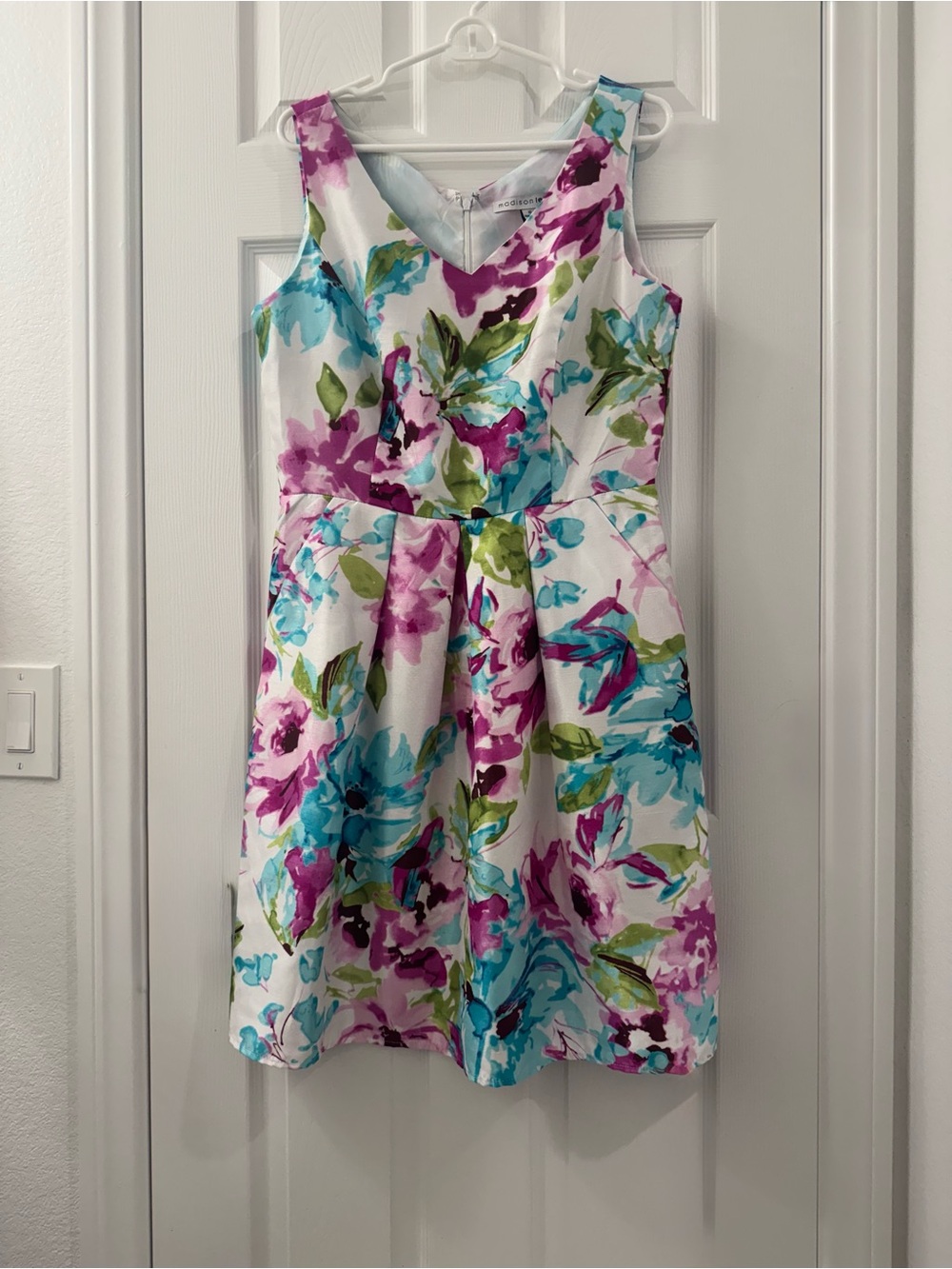 madison leigh White Fit-and-Flare Dress with Pink & Aqua Floral Print
